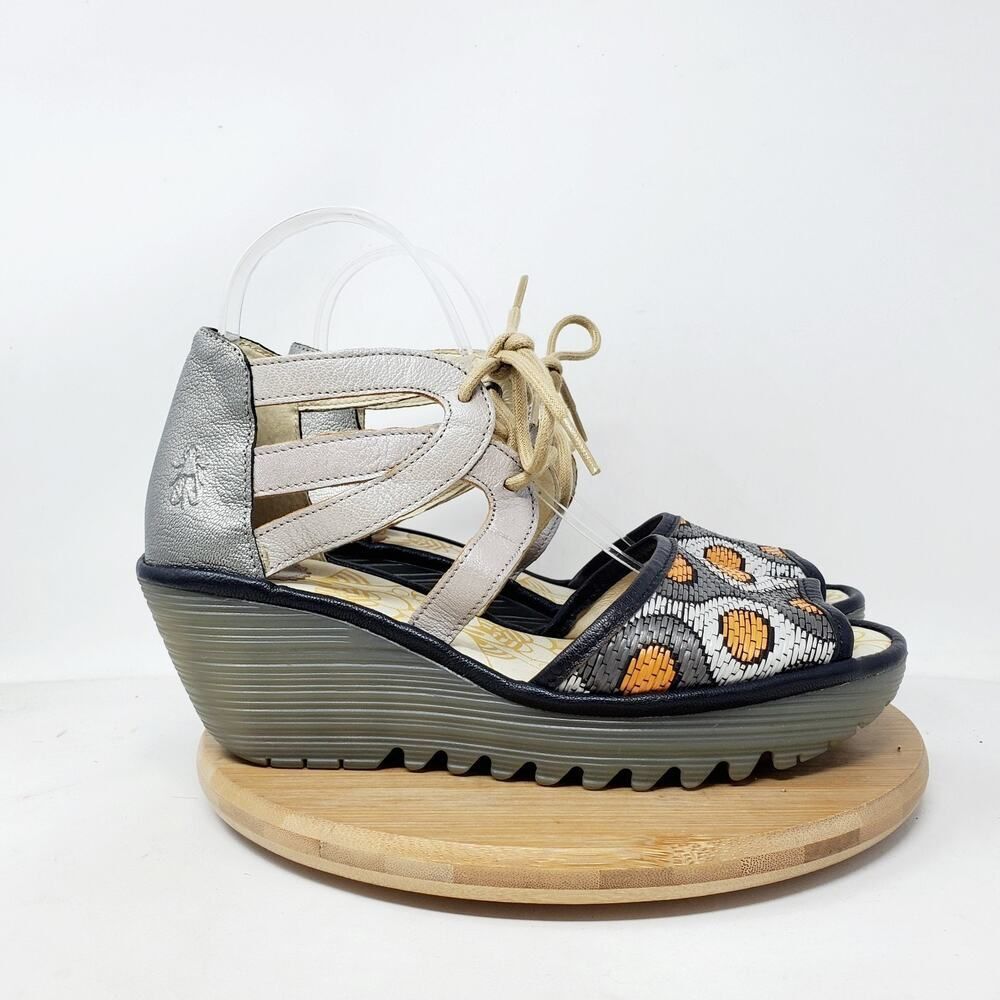 Fly London Yafi Wedge Sandals‎ Womens 39 Silver Platform Wedge Lace Up Shoes